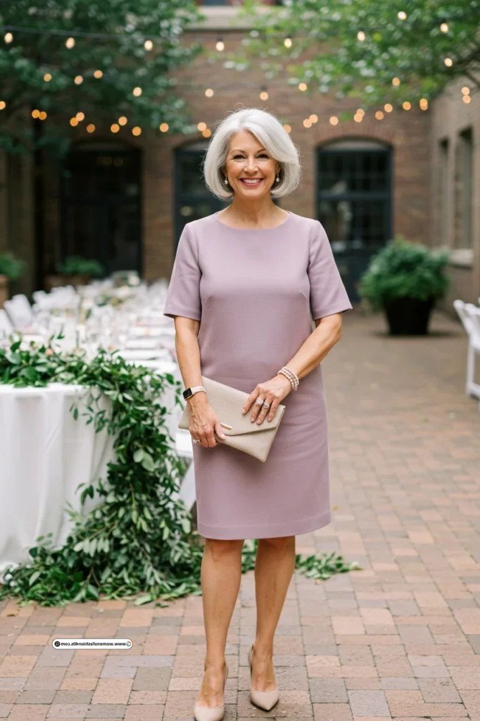 lavender dress, older woman outdoors, elegant cocktail dress for women over 60
