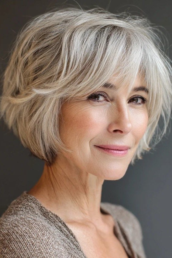 Silver-Blonde Side-Swept Shag - shaggy bob haircut for women over 60