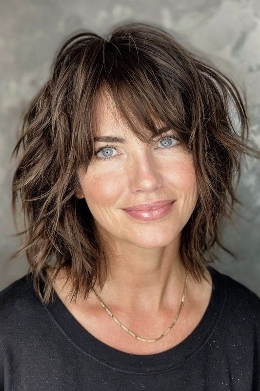 Layered Dark Curly Shag - medium shag haircut for women over 40