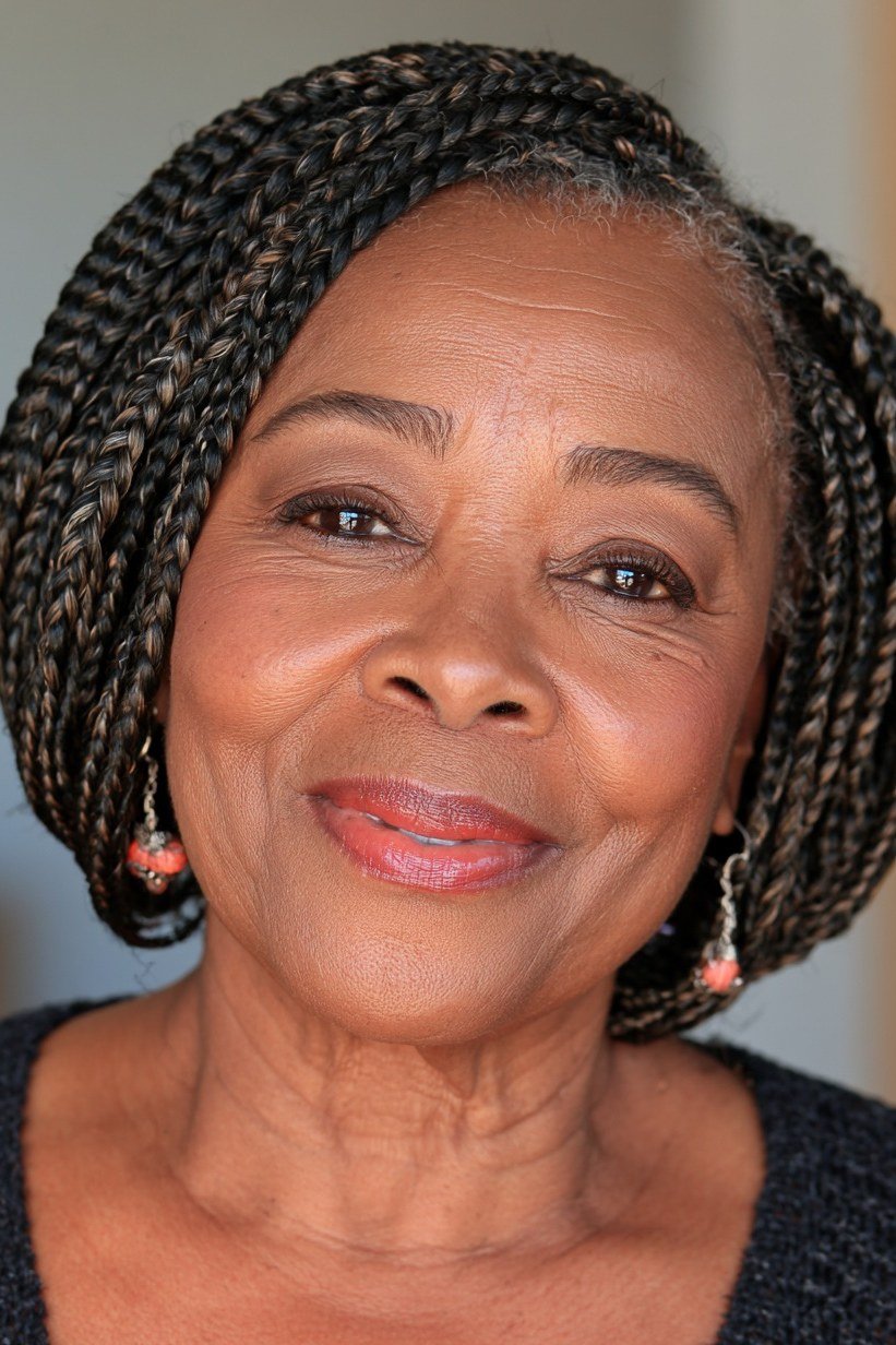 braided chin-length bob, Black woman, front view — chin-length layered bob hairstyle for women over 50