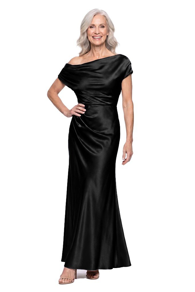black asymmetric off-shoulder satin gown