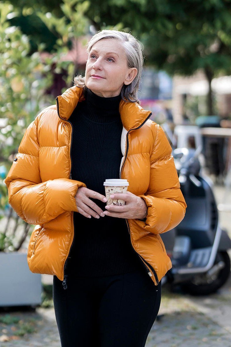 Mustard quilted jacket outfit for women over 60