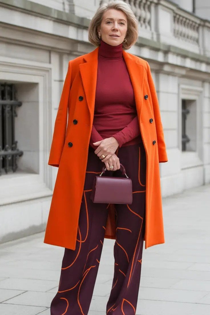 Effortlessly chic fall outfit for women over 60: burnt-orange coat over burgundy turtleneck