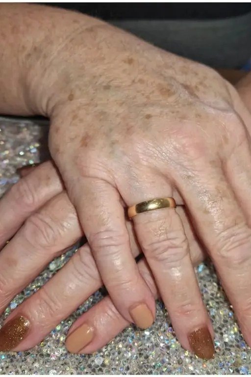 Nude and Gold on Mature Hands nail design for women over 40