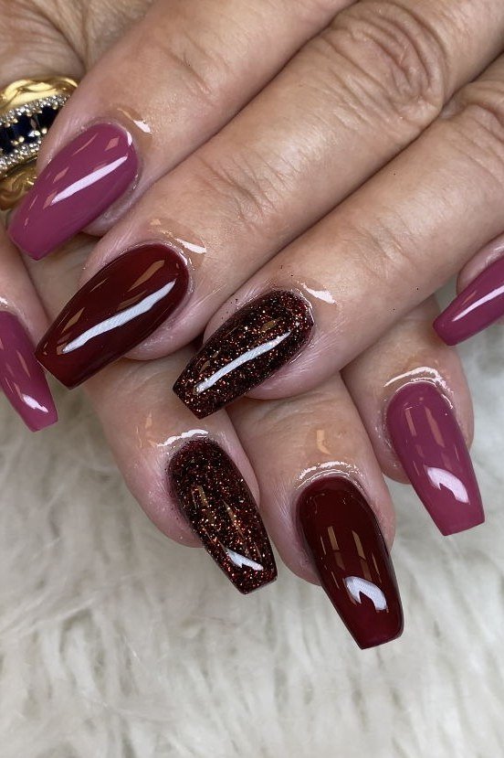 plum burgundy brown coffin mix, copper glitter - winter nail trend for older women