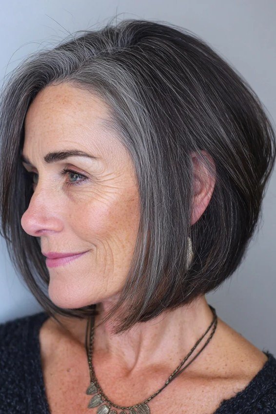 Dark grey french bob with side part and necklace