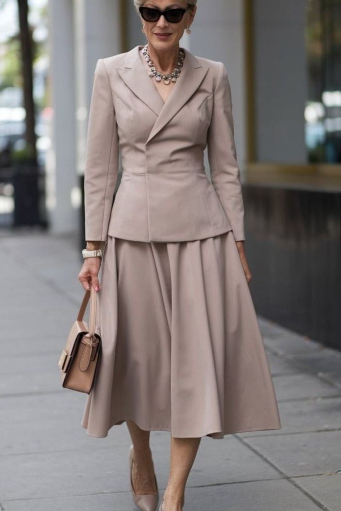 taupe peplum blazer with taupe midi skirt for women over 50