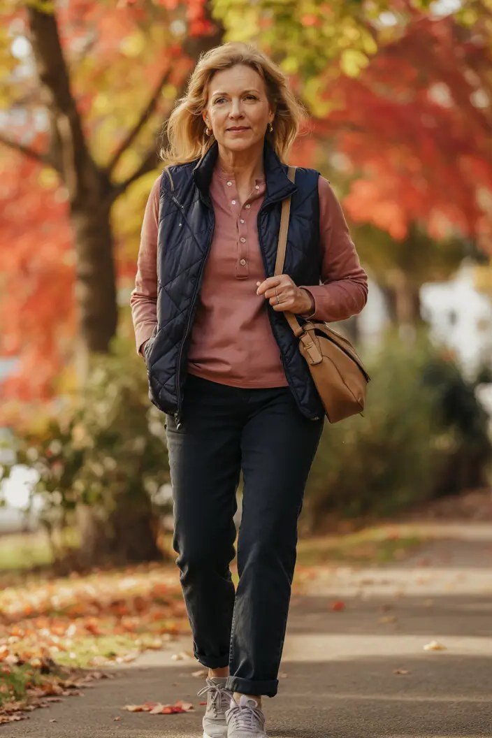 Rust long-sleeve top with a black quilted vest, black trousers, and sneakers, sporty weekend outfit for women over 40