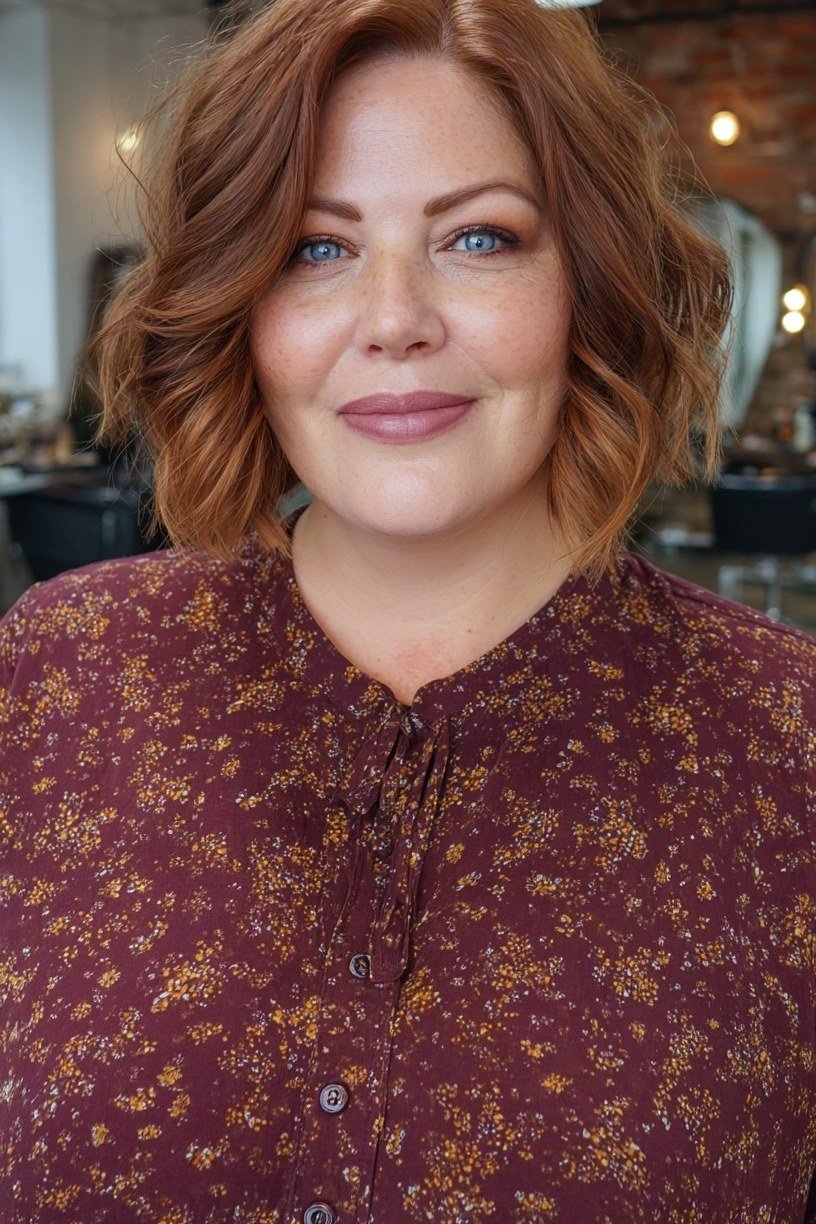 Copper wavy bob, front view, smiling - wispy hairstyle for women over 40
