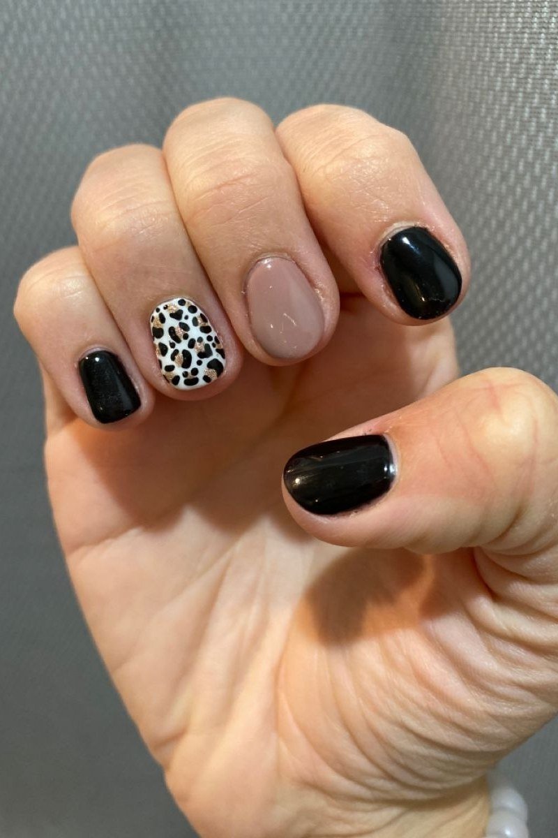 Black with Leopard Accent Nail - short nail design for women over 40