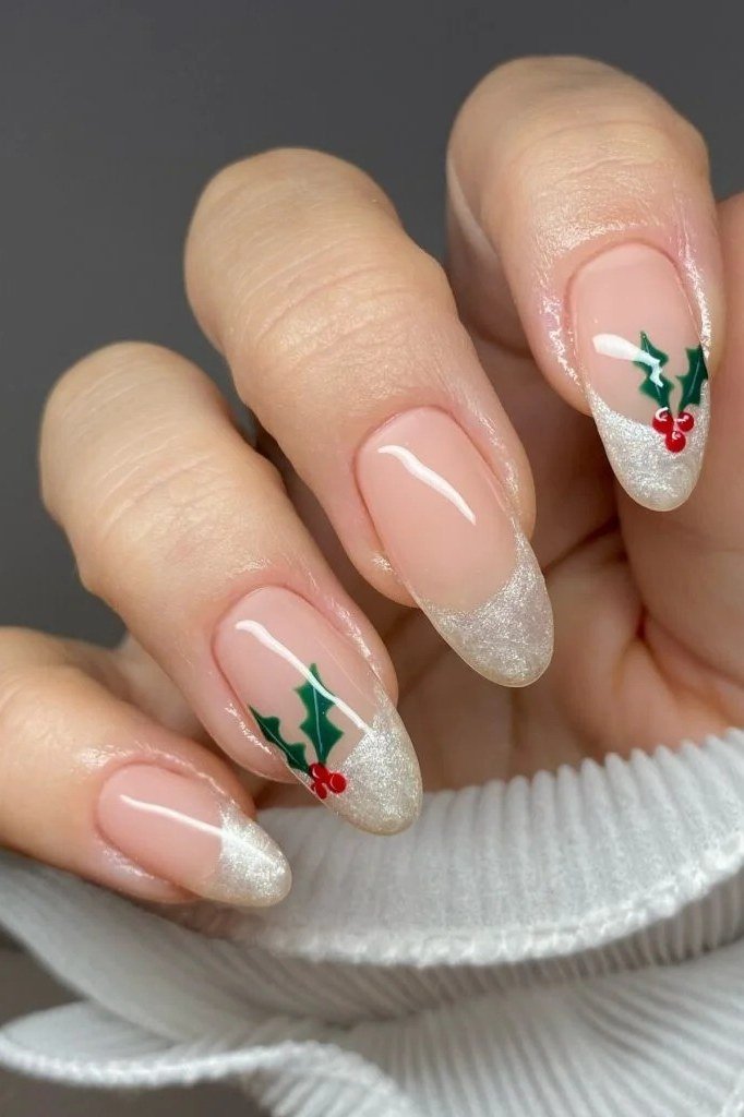 nude christmas nails with holly berry accents