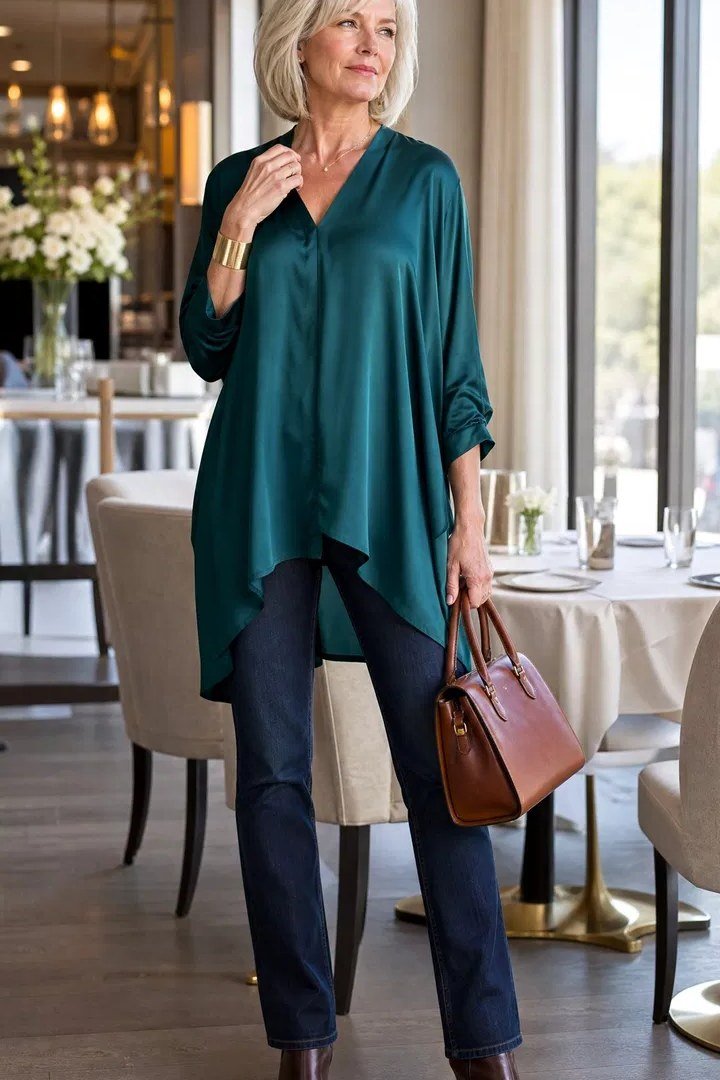 teal satin blouse and dark jeans fall outfit for women over 60