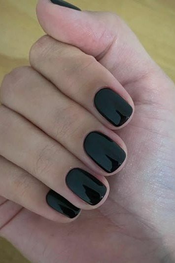 Glossy Black Short Square - elegant nail art idea for mature hands, women over 50