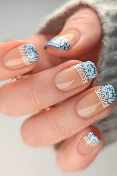 Blue Glitter French Tips - short French nails for women over 60
