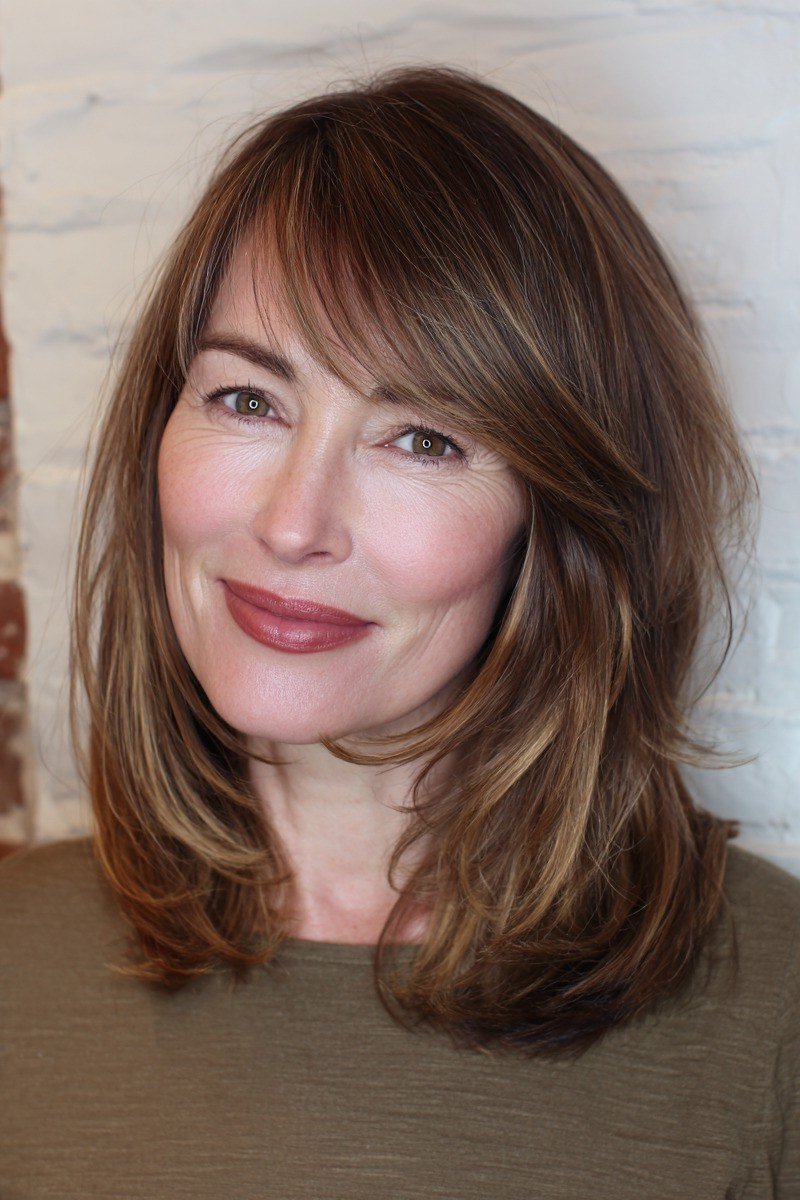 Brown Straight Layered Lob with Bangs - medium hairstyle for women over 60