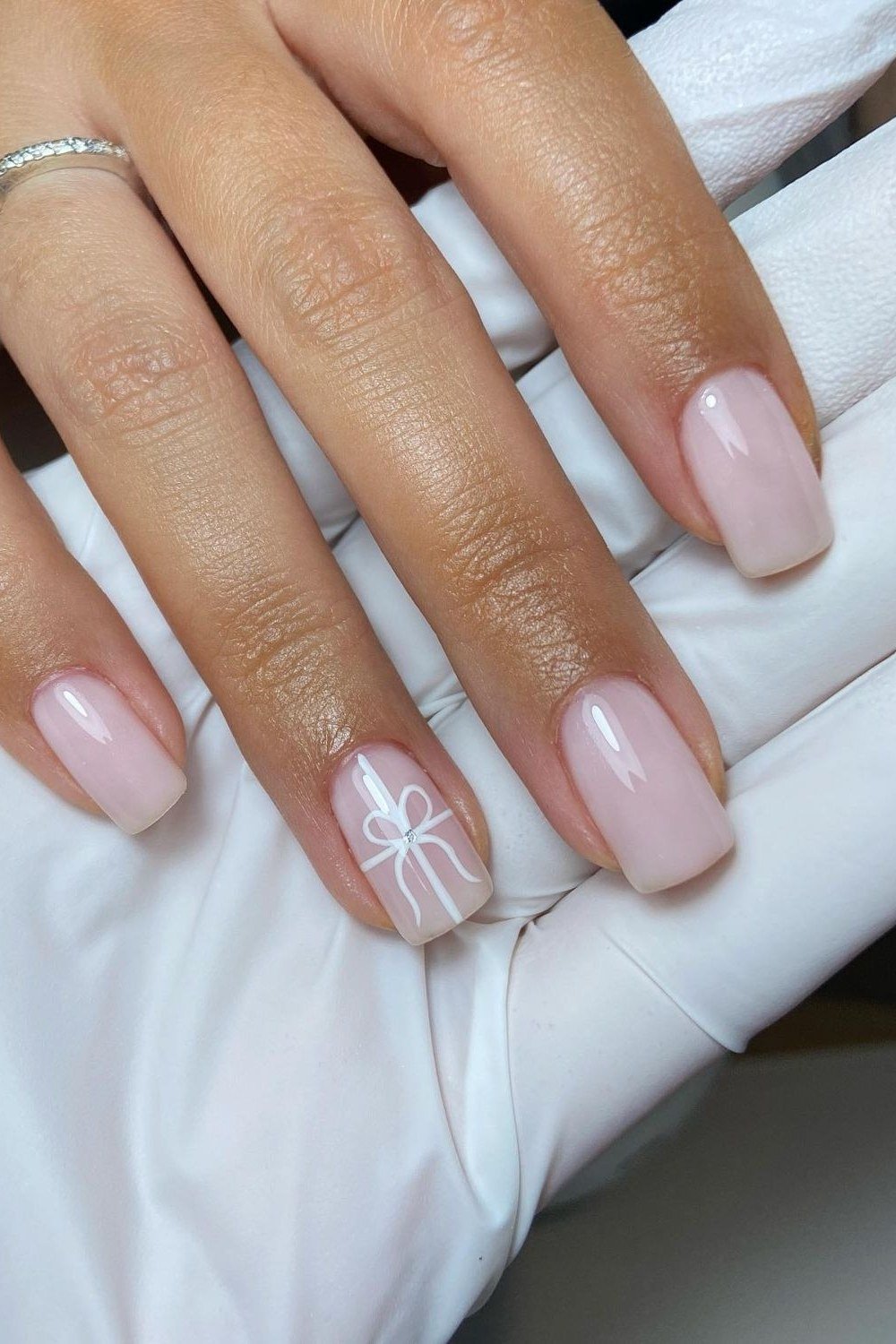 White Bow Nail Art - nude nail art idea for women over 40