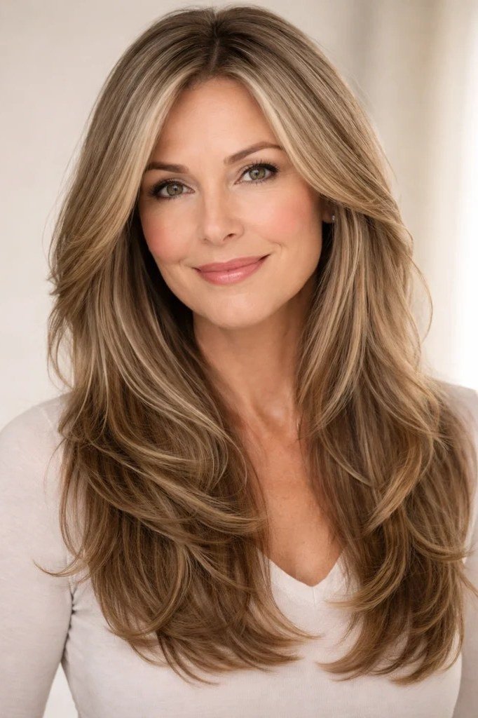 Long brown-blonde layered hair with face framing for women over 50