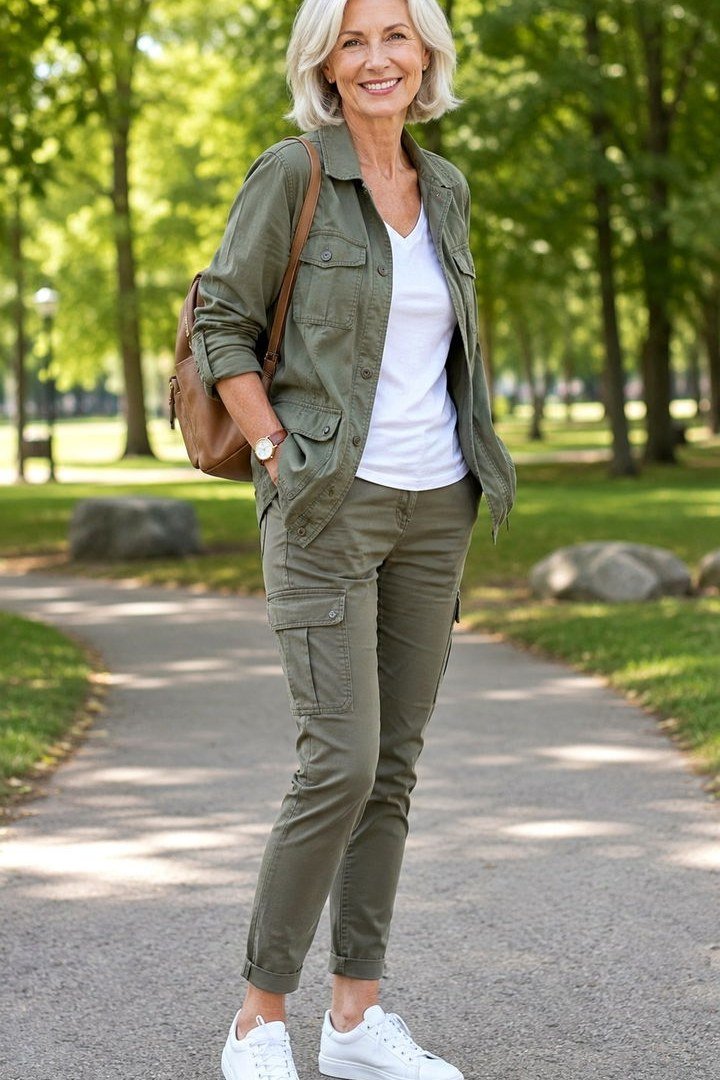 Woman over 50 wearing olive cargo set with white tee, everyday casual outfit idea