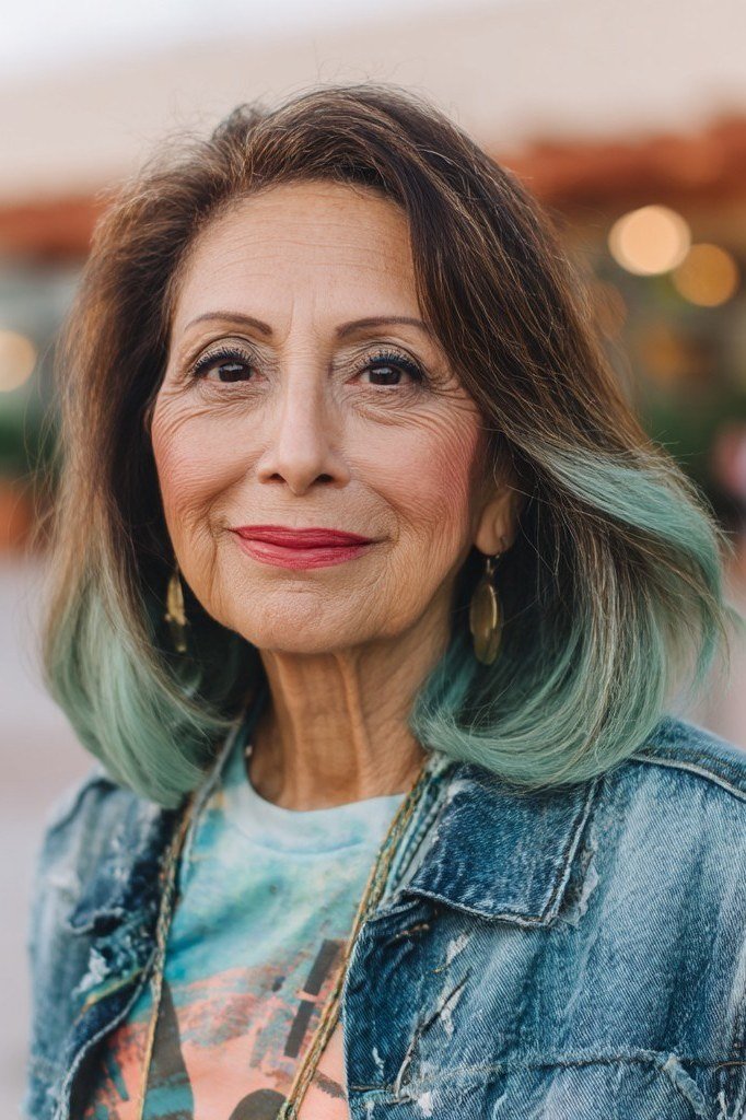 Teal-Tipped Medium Cut hairstyle for women over 60