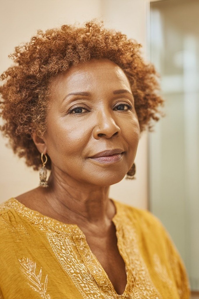 curly auburn textured bob, Black woman, front view — chin-length layered bob hairstyle for women over 50