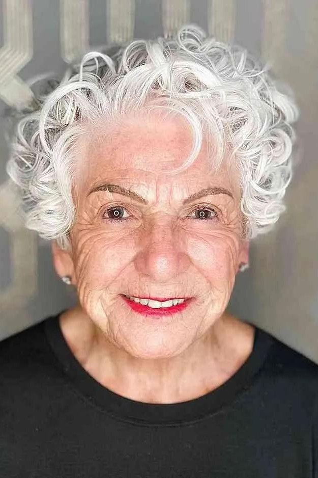 White curly pixie front view, elderly woman - curly hairstyle for women over 60