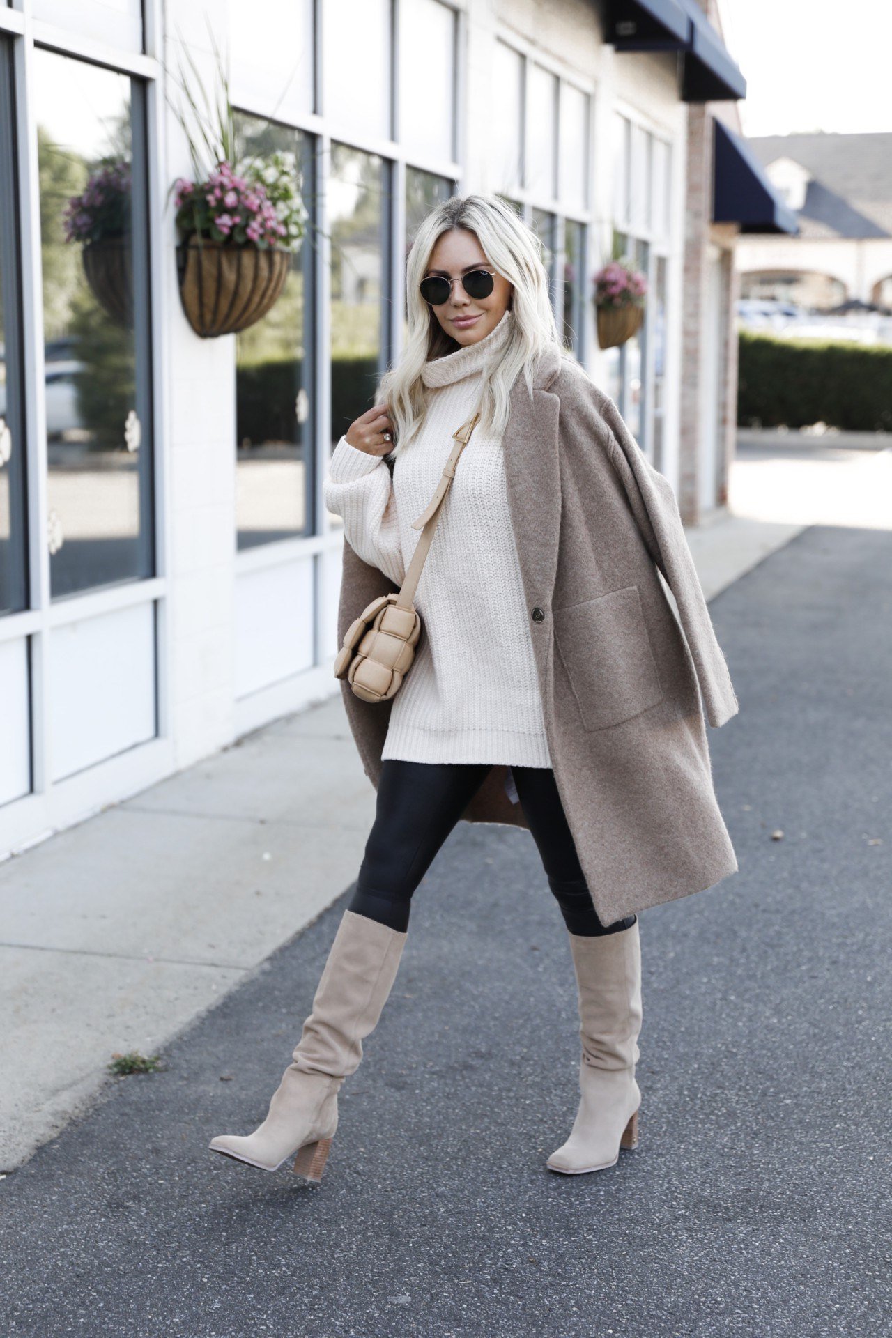 Cream Coat with Black Leggings - fall outfit for women over 40