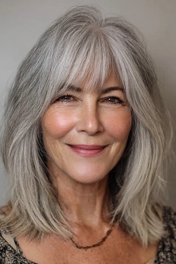 silver layered lob with curtain bangs for women over 60