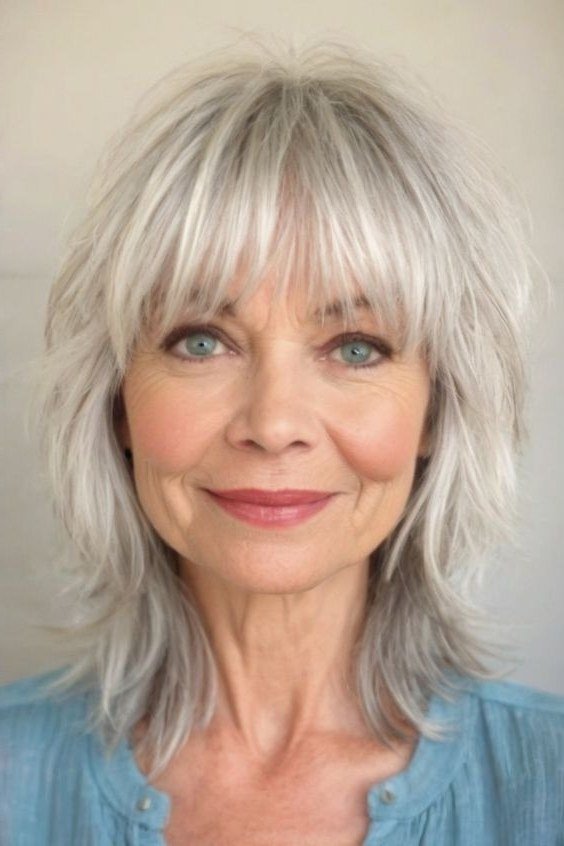 silver-white layered lob with curtain bangs for women over 60