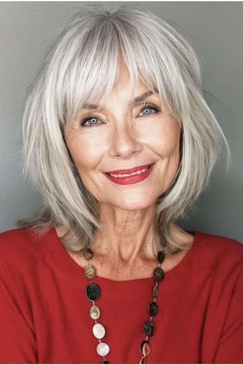 white chin-length layered bob for women over 60