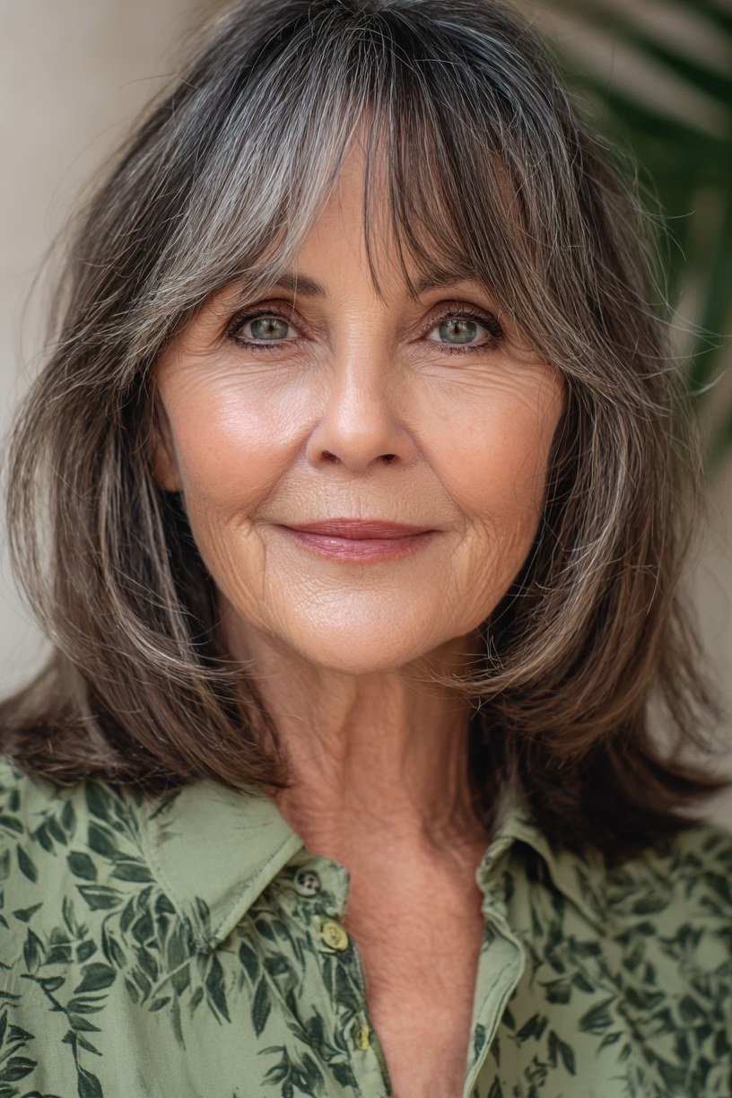brunette-gray layered medium with soft bangs for women over 60