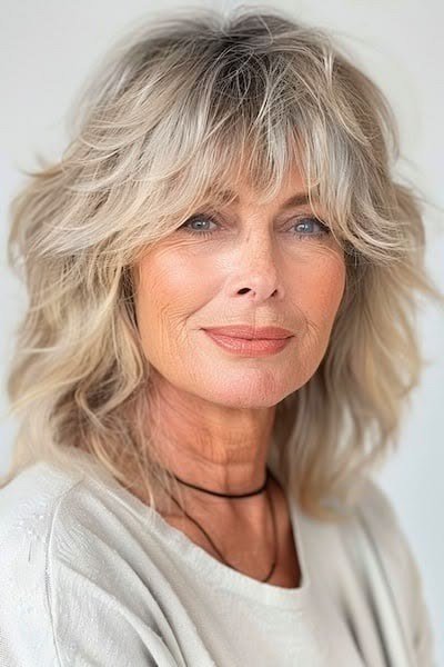 blonde wavy shag with bangs for women over 60