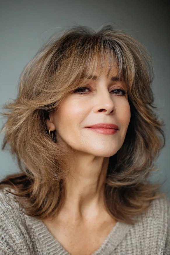 chocolate brown shaggy medium with bangs for women over 60