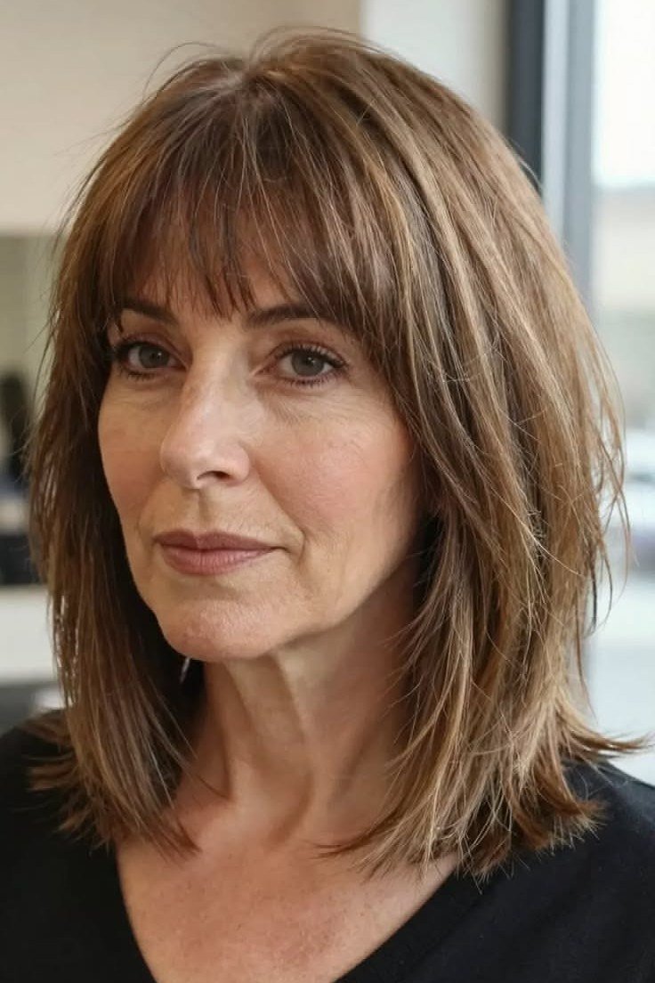 dark blonde layered medium with curtain bangs for women over 60