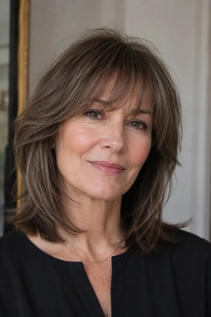 brunette layered medium with curtain bangs for women over 60