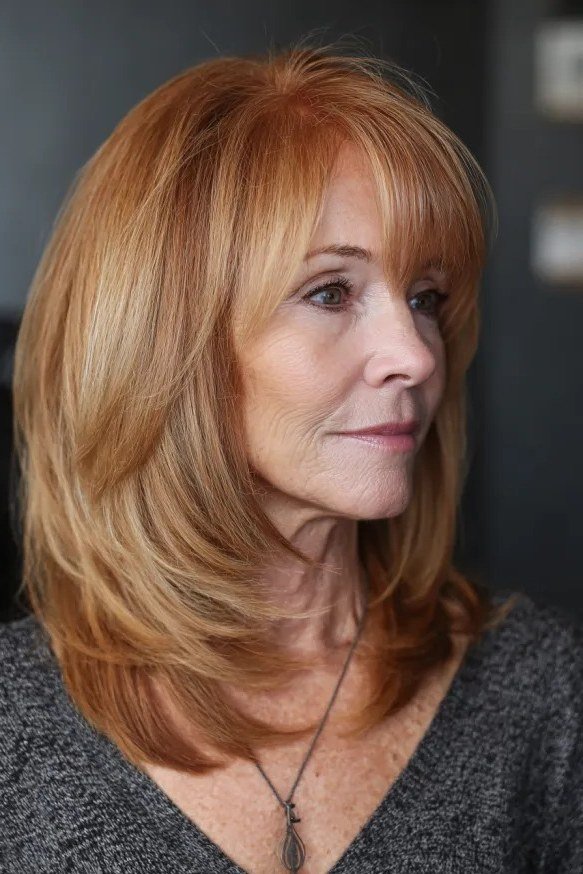 copper layered medium with side-swept bangs for women over 60