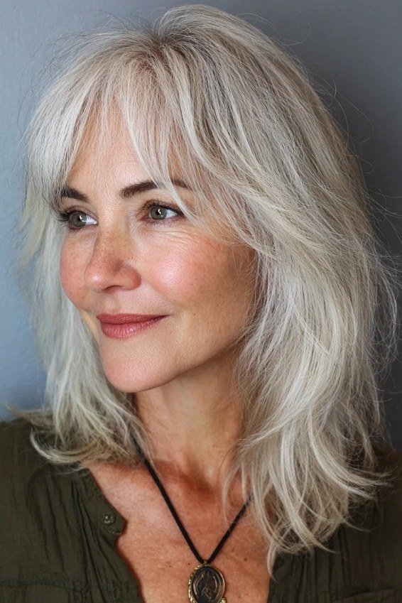 silver-gray layered lob with curtain bangs for women over 60