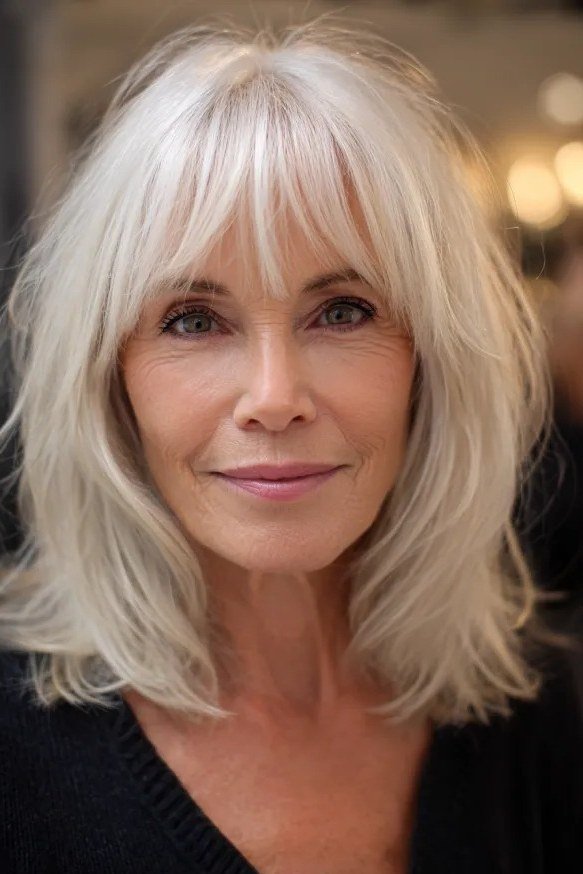 white layered lob for women over 60