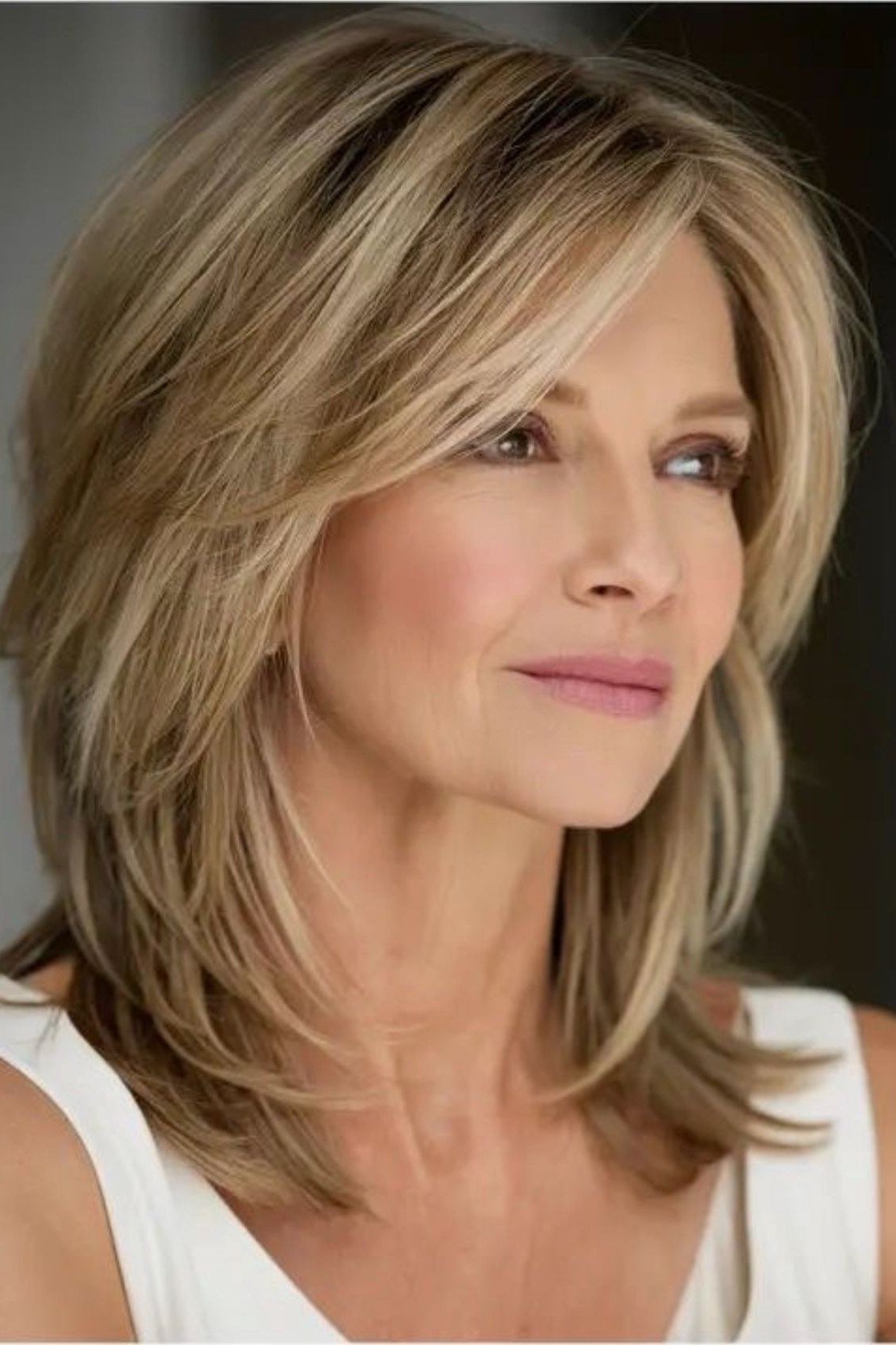 dark blonde layered medium with curtain bangs for women over 60