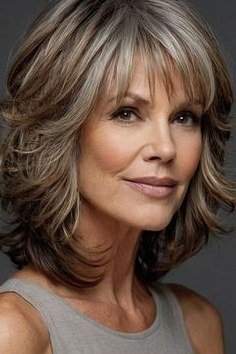 brunette layered shag with bangs for women over 60