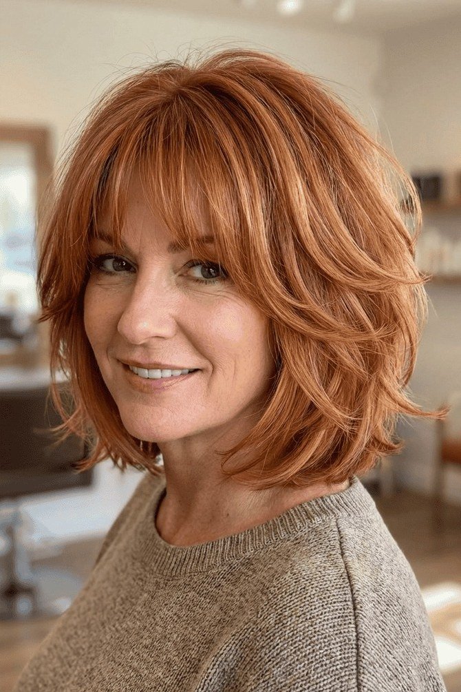 copper layered medium with bangs for women over 60