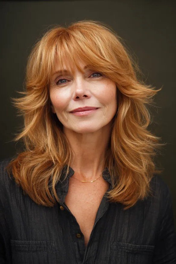 copper layered bob with side bangs for women over 60
