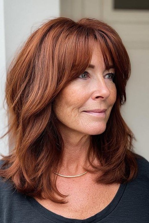 copper layered medium with curtain bangs for women over 60