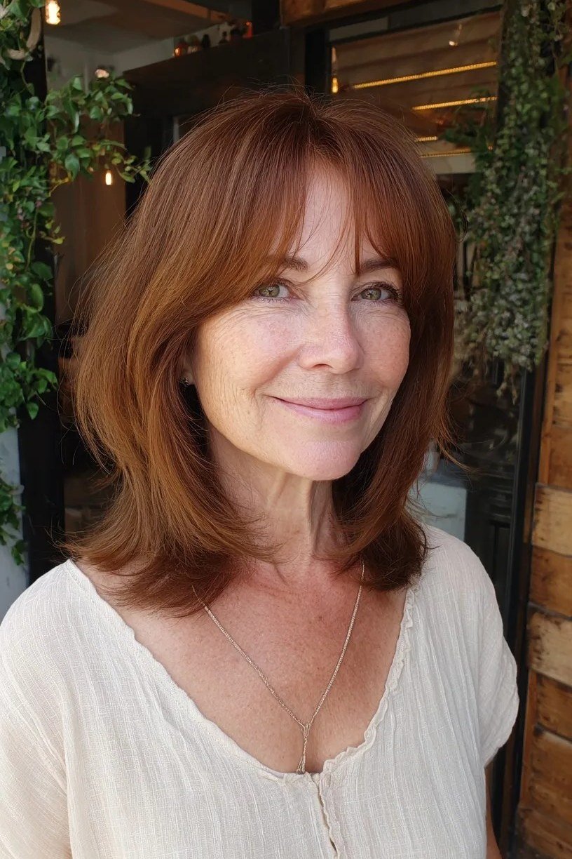 auburn layered medium with bangs for women over 60