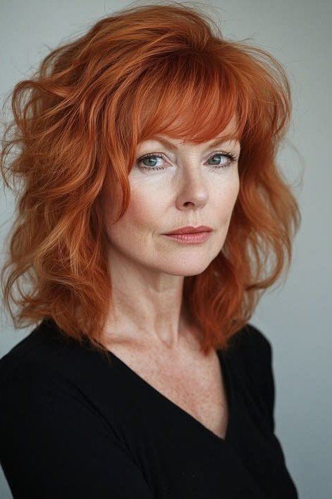 copper layered medium with full bangs for women over 60