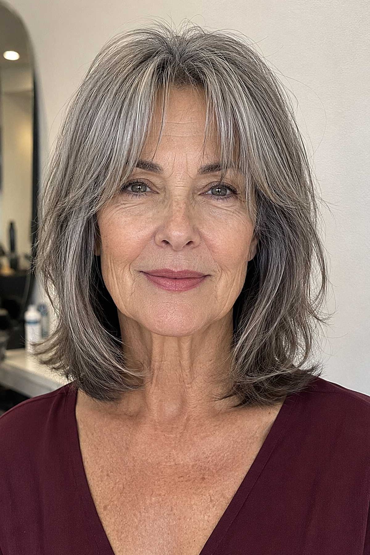silver-gray layered lob with curtain bangs for women over 60