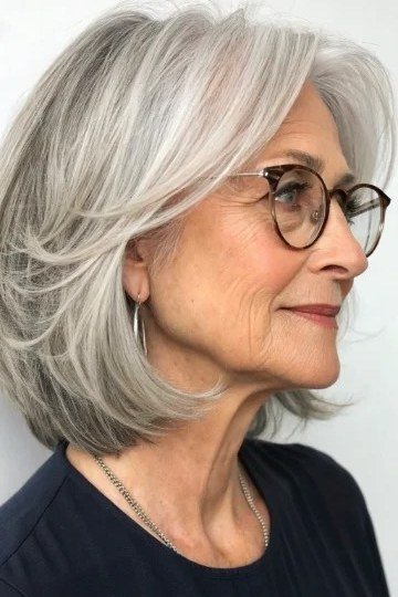 silver-gray layered bob with side sweep for women over 60