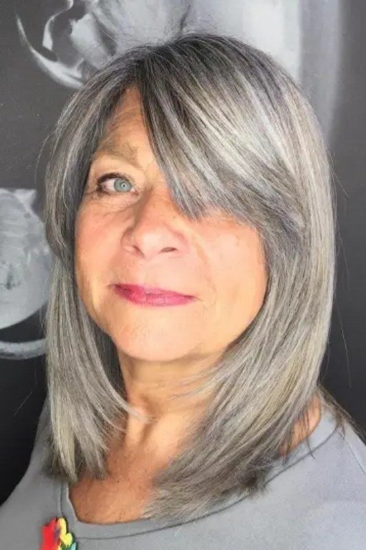 silver straight layered medium with bangs for women over 60