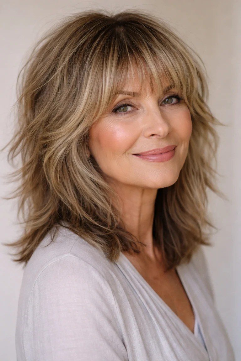 blonde shaggy layered medium with bangs for women over 60