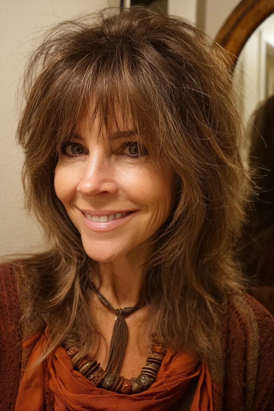 chocolate brown shaggy layers with bangs for women over 60