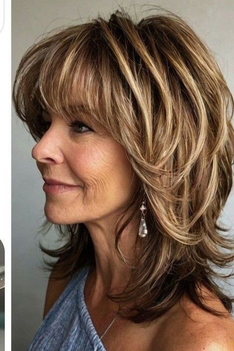 brunette layered bob with bangs for women over 60